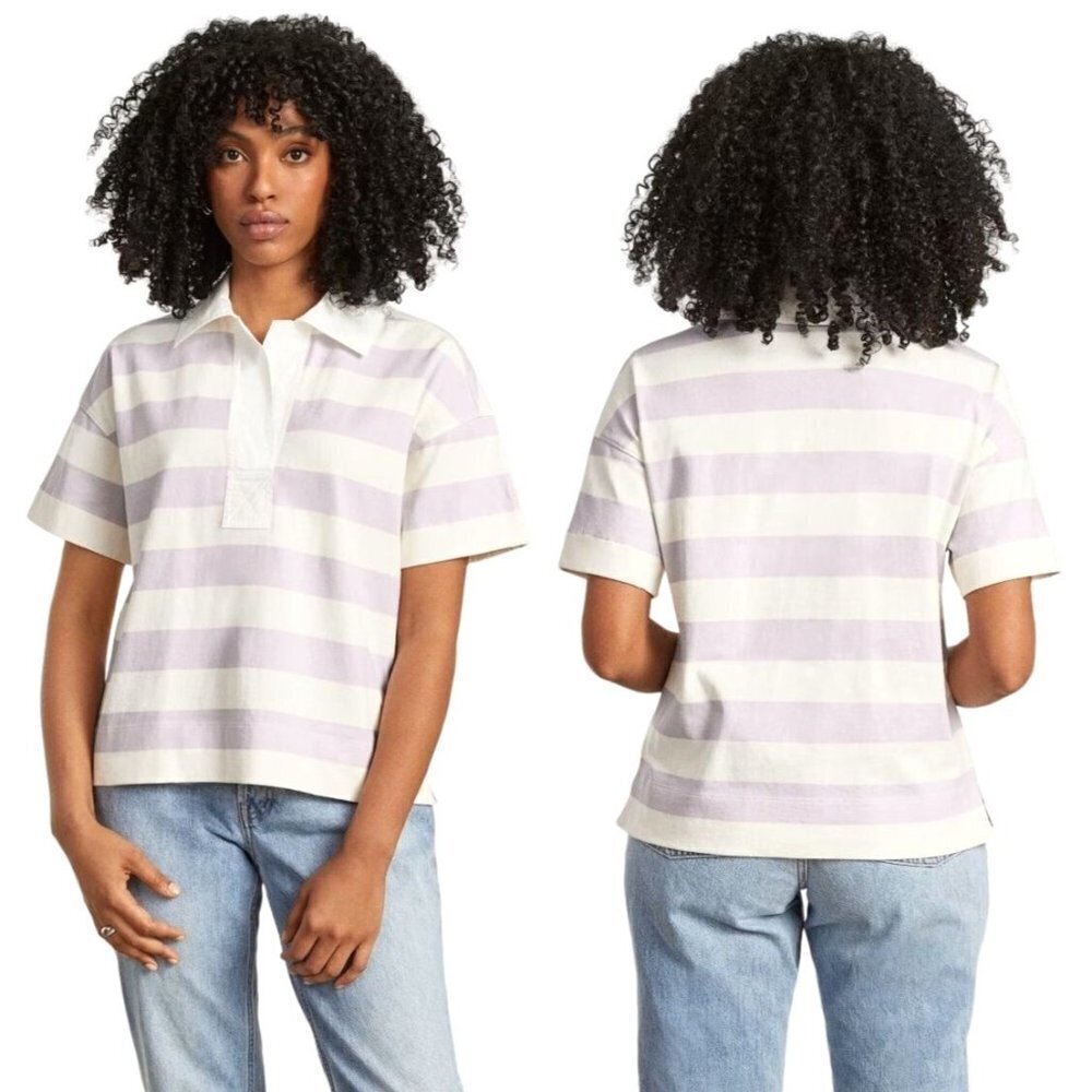 Everlane Shirt Women Small Purple White Striped The Retro Jersey Polo NWT Preppy
